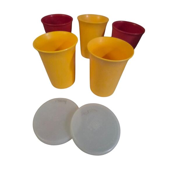 Vtg Lot 5 Tupperware Red Yellow 10 1229 Snack Cups with 9 297 Matching Lids - Picture 1 of 6